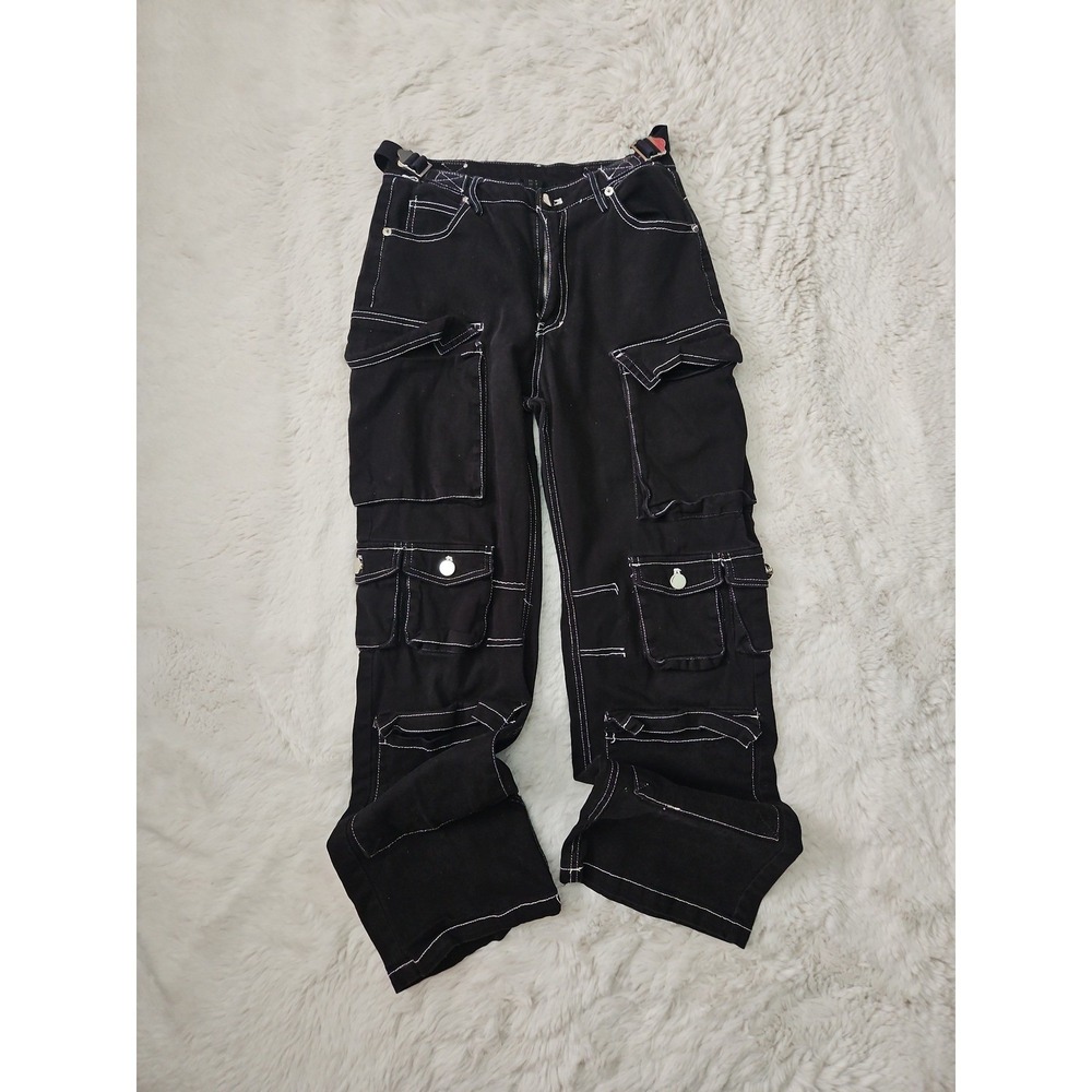 Charlotte Russe High Rise Black Cargo Pants White Stitching Y2K Grunge Small